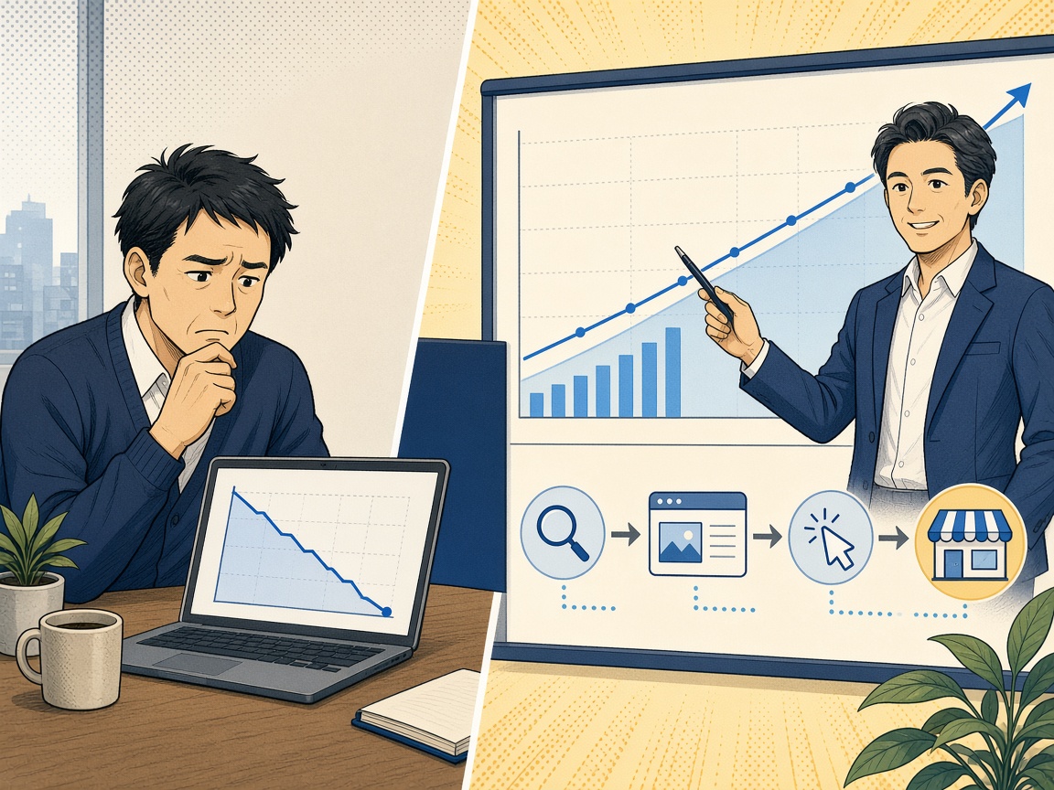 アクセスに悩む経営者と、改善策を説明するSEOコンサルタントの漫画風イラスト