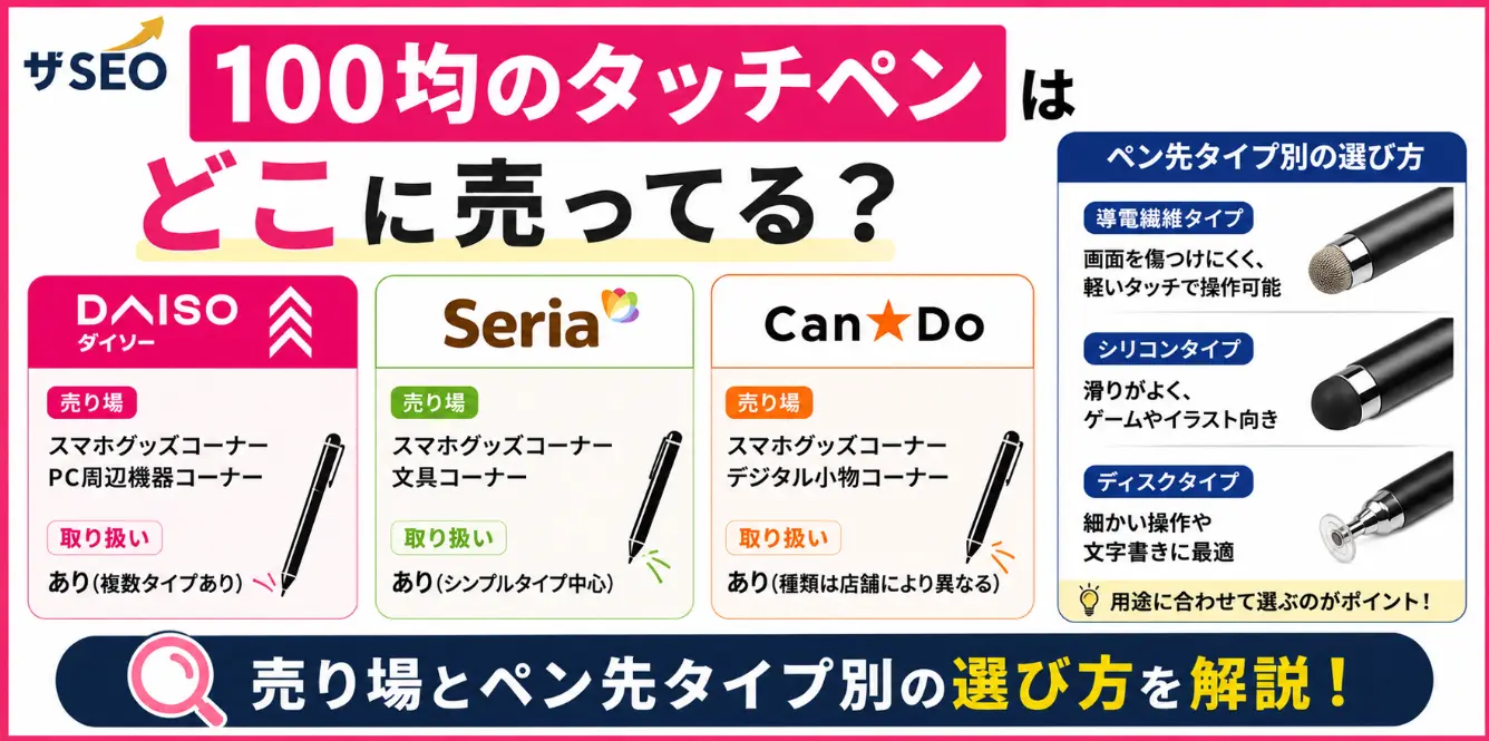 100均のタッチペンはどこに売ってる？ダイソー・セリア・キャンドゥの売り場とペン先タイプ別の選び方
