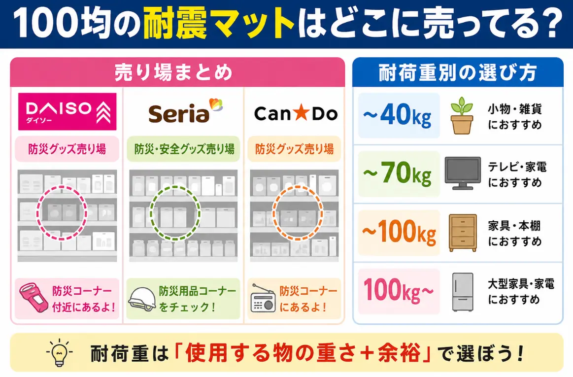 100均の耐震マットはどこに売ってる？ダイソー・セリア・キャンドゥの売り場と耐荷重別の選び方