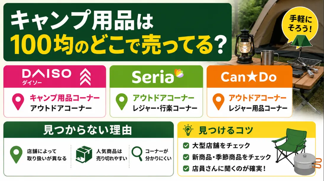 キャンプ用品は100均のどこで売ってる？ダイソー・セリア・キャンドゥの売り場コーナーと見つからない理由を解説