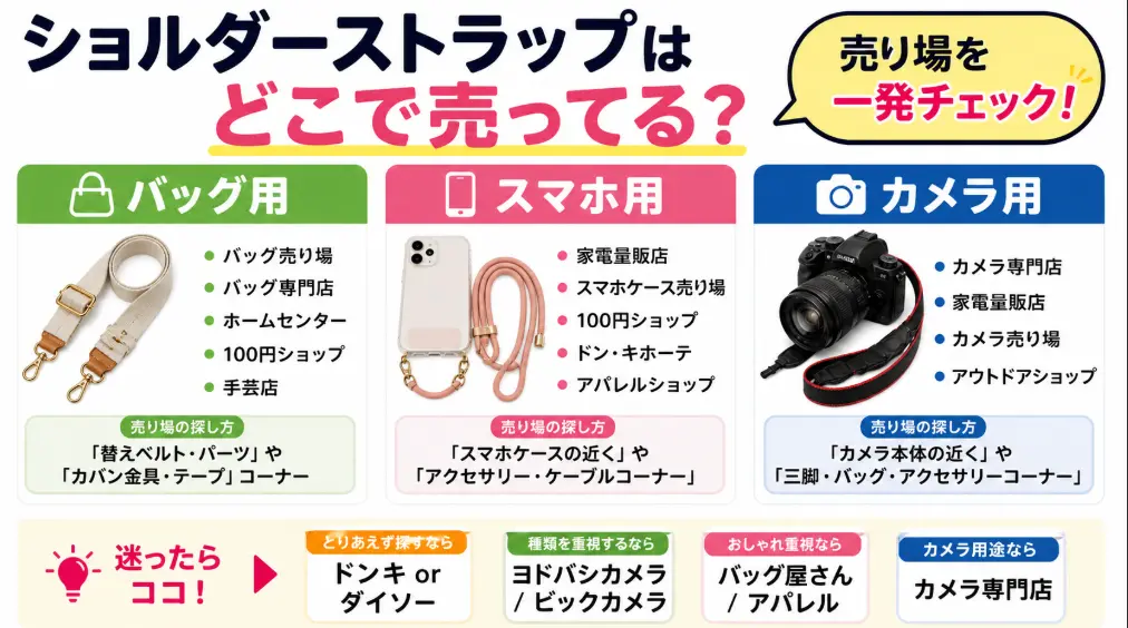ショルダーストラップはどこに売ってる？バッグ用・スマホ用・カメラ用の売り場を10店舗調査