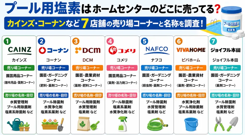 プール用塩素はホームセンターのどこに売ってる？カインズ・コーナンなど7店舗の売り場コーナーと名称を調査