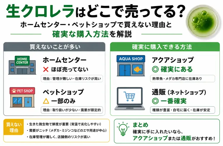 生クロレラはどこで売ってる？ホームセンター・ペットショップで買えない理由と確実な購入方法を解説