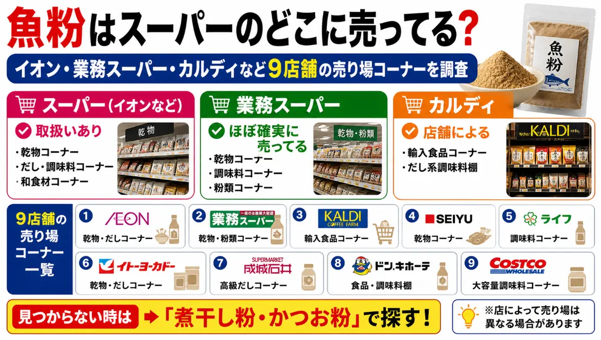 魚粉はスーパーのどこに売ってる？イオン・業務スーパー・カルディなど9店舗の売り場コーナーを調査