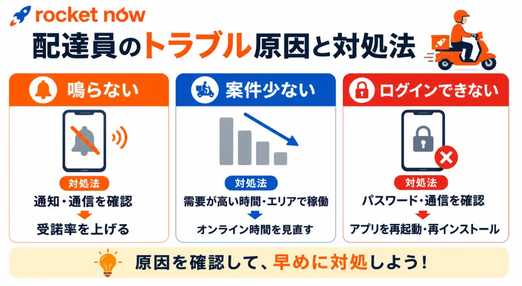 ロケットナウ配達員が鳴らない・案件少ない・ログインできない原因と対処法まとめ